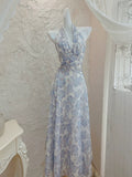French A line Halter Lilac Floral Long Chiffon Prom Dresses Evening Dress HZ1024