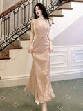 Gorgeous Mermaid V Neckline Sequin Champagne Long Prom Dresses Evening Dress HZ1024