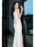 Classy Sheath Straps Sleeveless Ivory Satin Knee Length Prom Dresses Evening Dress HZ1024