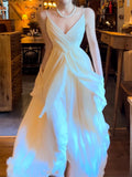 Classy A Line Spaghetti Straps Ivory Chiffon Long Prom Dresses Evening Dress With Layers HZ1024