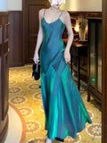 Vintage Sheath Spaghetti Straps Sleeveless Green Long Prom Dresses Evening Dress HZ1024