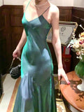 Vintage Sheath Spaghetti Straps Sleeveless Green Long Prom Dresses Evening Dress HZ1024