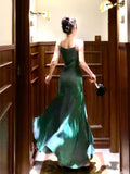 Vintage Sheath Spaghetti Straps Sleeveless Green Long Prom Dresses Evening Dress HZ1024