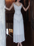 Vintage Sheath Spaghetti Straps Sleeveless White Long Prom Dresses With Silver Beads Evening Dress HZ1024