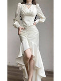Classy High Low V Neckline Ankle Length White Prom Dresses Evening Dress HZ1024
