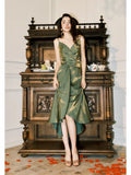 Vintage Sheath Spaghetti Straps Sleeveless Olive Green Prom Dresses Evening Dress HZ1024