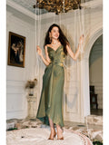 Vintage Sheath Spaghetti Straps Sleeveless Olive Green Prom Dresses Evening Dress HZ1024