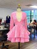 Cocktail Dresses A-Line V-Neck Long Sleeve Shiny Sequin Homecoming Dresses HZ1024