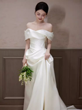 Elegant A line Off The Shoulder Satin Ruffles Long White Wedding Dresses HZ1024