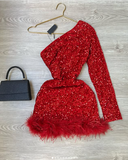 Sparkly One Shoulder Bodycon Velvet Feather Sequin Party Dress Red Homecoming Dresses HZ1024