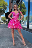 Pretty A-Line Off the Shoulder Hot Pink Sequin Lace Short Homecoming Dresses HZ1024