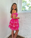 Pretty A-Line Off the Shoulder Hot Pink Sequin Lace Short Homecoming Dresses HZ1024