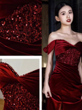 Sexy Mermaid Burgundy Off The Shoulder Long Prom Dresses Satin Birthday Outfits HZ1024