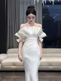 Simple Mermaid Strapless White Long Prom Dresses HZ1024