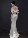 Simple Mermaid Strapless White Long Prom Dresses HZ1024