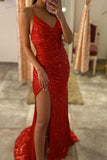 Gorgeous Long V-Neck Sleeveless Backless Sequined Mermaid Prom Dresses with Split HZ1024