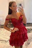 Sweet Lace Sequin Homecoming Dress Off The Shoulder Hoco Dress Red Ruffle Graduation Dresses HZ1024