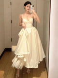 Sexy Ball Gown Spaghetti Straps White Satin Ankle Length Prom Dresses Evening Gowns HZ1024