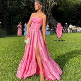 Classy Ball Gown Strapless Pink Floor Length Satin Slit Prom Dresses Prom Gowns HZ1024