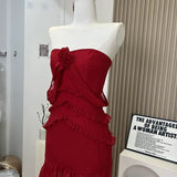 Pretty High Low Strapless Chiffon Long Prom Dresses Burgundy Evening Dress HZ1024