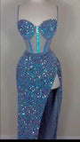 Pretty Sheath Spaghetti Straps Blue Long Sequin Long Slit Prom Dress HZ1024