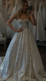 Fancy A line Spaghetti Straps White Sequin Long Prom Dresses Evening Dress HZ1024