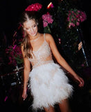 Vintage Sheath Straps White Sequin Feather Birthday Outfits Short Homecoming Dress HZ1024