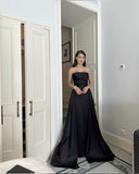 Fancy Sheath Strapless Black Satin Long Prom Dress With Train HZ1024