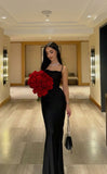 Fancy Sheath Spaghetti Straps Black Satin Long Prom Dresses HZ1024
