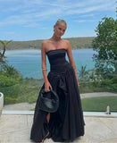 Fancy Sheath Strapless Satin Slit Black Sexy Long Prom Dresses HZ1024
