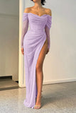 Fancy Sheath Off The Shoulder Sequin Burgundy Slit Long Prom Dresses HZ1024