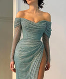 Fancy Sheath Off The Shoulder Sequin Burgundy Slit Long Prom Dresses HZ1024