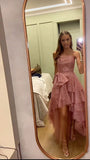 Fancy High Low Strapless Pink Sequin Long Prom Dresses Evening Dress HZ1024