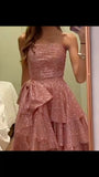 Fancy High Low Strapless Pink Sequin Long Prom Dresses Evening Dress HZ1024