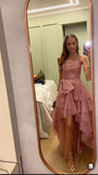 Fancy High Low Strapless Pink Sequin Long Prom Dresses Evening Dress HZ1024