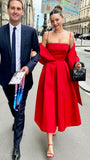 Classy A line Straps Red Satin Knee Length Prom Dresses Evening Dress With Shawl HZ1024