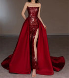 Pretty Strapless Red A Line Long Prom Dresses With Slit HZ1024