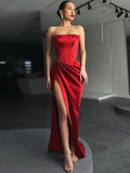 Pretty Sheath Corset Satin Ruched Strapless Sleeveless Red Prom Dresses HZ1024