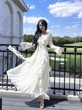 Gorgeous A line Chiffon Long Sleeves White Prom Dress With Layers HZ1024
