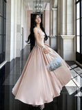 Pretty A line Spaghetti Straps Pink Satin Prom Dresses Formal Evening Dress HZ1024