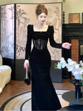 Pretty Sheath Square Neckline Black Velvet Long Sleeves Prom Dresses Formal Evening Dress HZ1024