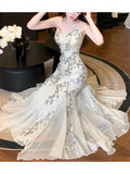 Gorgeous Mermaid Spaghetti Straps White Long Sequin Prom Dresses Evening Dress HZ1024