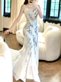 Gorgeous Mermaid Spaghetti Straps White Long Sequin Prom Dresses Evening Dress HZ1024