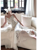 Gorgeous Mermaid Spaghetti Straps White Long Sequin Prom Dresses Evening Dress HZ1024