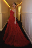 Pretty Ball Gown Strapless Burgundy Layers Prom Dresses Formal Evening Dress HZ1024