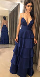 Fancy A Line Spaghetti Straps Sleeveless Satin Ruffles Long Prom Dresses HZ1024