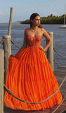 Pretty A line Spaghetti Straps Orange Lace Layers Prom Dresses Formal Evening Dress HZ1024