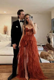 Pretty A line Sweetheart Rust Red Lace Ruffles Layers Tulle Prom Dresses Formal Evening Dress HZ1024