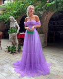 Pretty A line Off The Shoulder Lilac Tulle Fold Long Prom Dresses Formal Evening Dress HZ1024