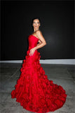 Gorgeous Sheath Strapless Satin Red Hand Made Flowers Long Prom Dresses Formal Evening Dress HZ1024